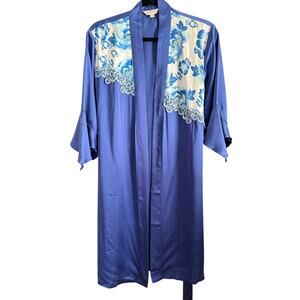 Royal Blue Silk Robe with Floral Lace Detail Bell Sleeve Large / Extra Large